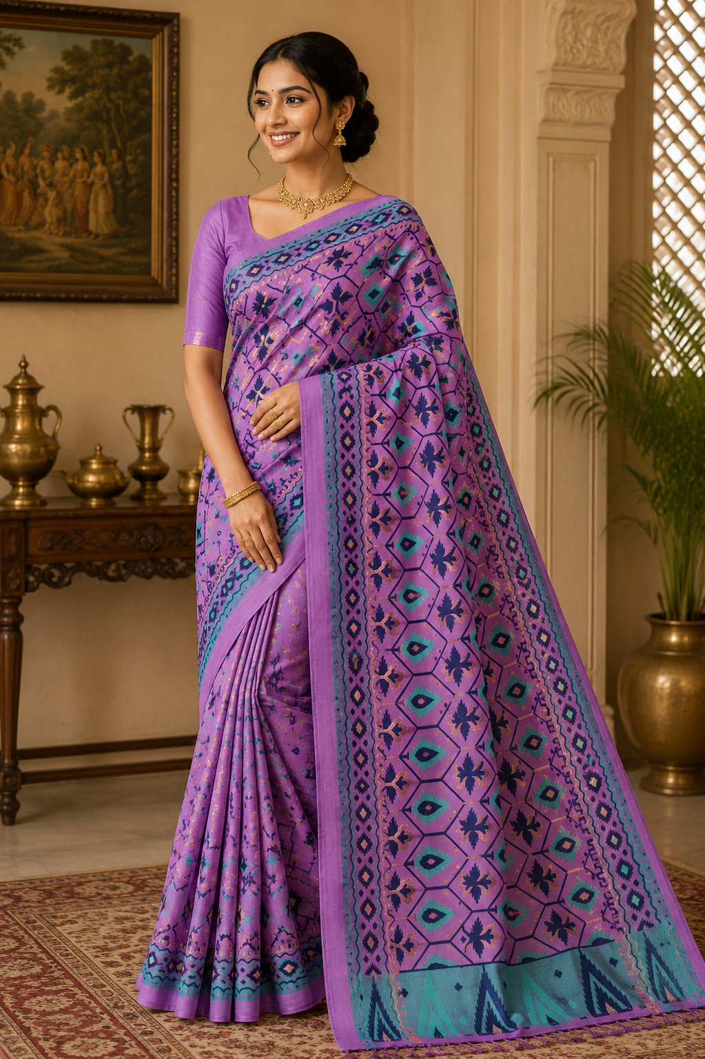 Premium Lavender Cotton Jamdani Handloom Saree with Traditional Geometric & Floral Motifs